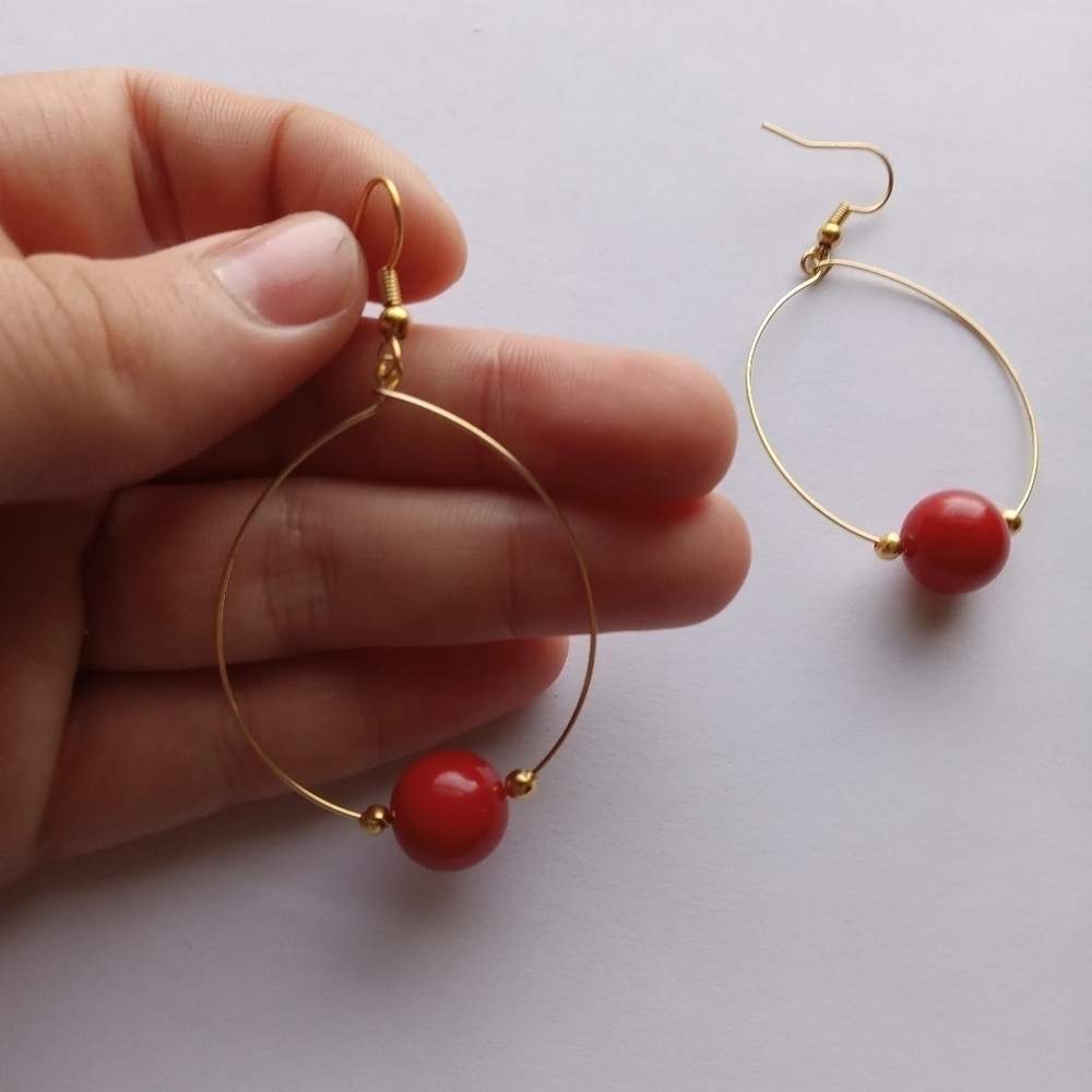 5/$25 Hand crafted Red beaded exposed hoop earrings lagenlook western bohemian - Picture 4 of 5